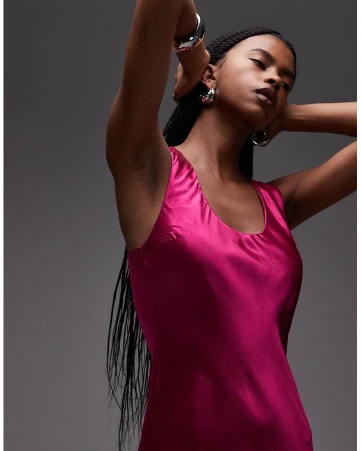 TOPSHOP Maxi-Jurk Van Schuingesneden Satijn Met Racer Hals in het Pink