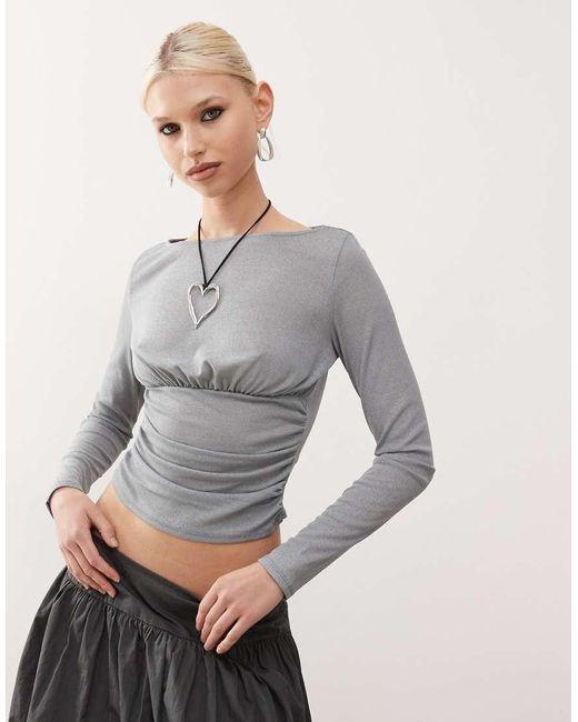 Collusion Gray Tissue Mesh Long Sleeve Ruched Detail Top