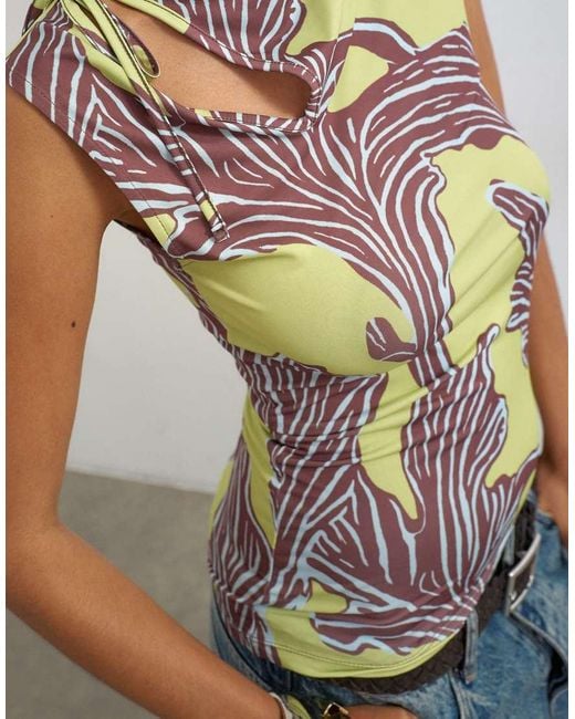 TOPSHOP Green Printed Ruched Neck Tie Cut Out Top
