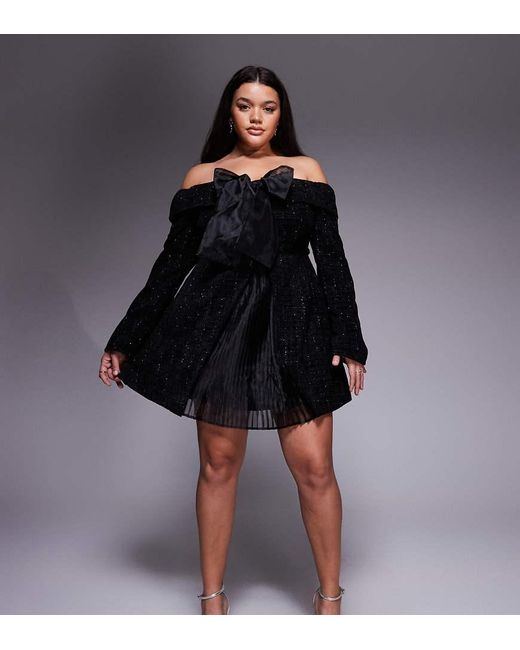 ASOS Black Curve Boucle Bardot Mini Dress With Pleated Skirt And Bow