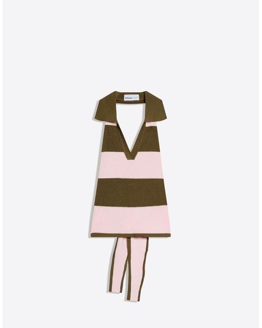 Bershka Brown Polo Collar Top With Knot Back