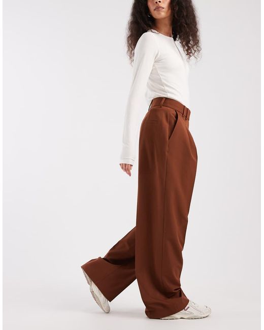 ASOS Brown Tailored Wide Leg Trousers With Pleat Detail