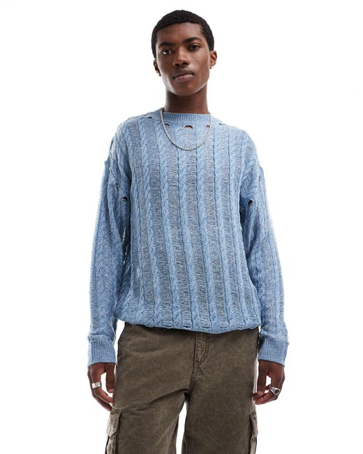 Collusion Blue Cable And Distressed Knitted Lightweight Jumper for men