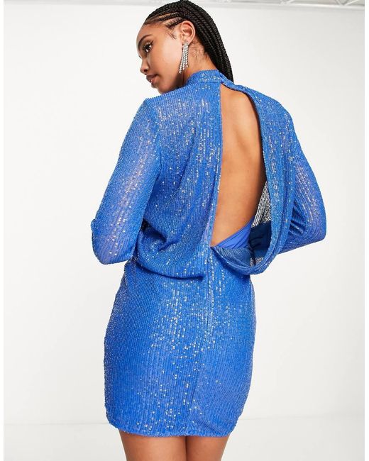 ASOS Blue Sequin Embellished High Neck Mini Dress
