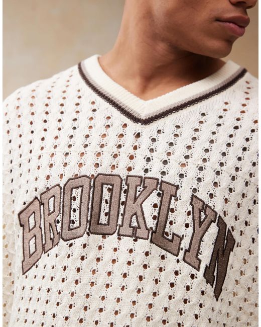 ASOS Natural Relaxed Crochet Knitted Tshirt With Varsity Pattern And City Text for men