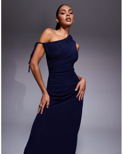 ASOS Blue Mesh One Shoulder Draped Maxi Dress