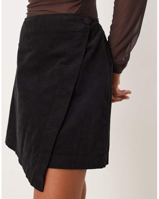 Nobody's Child Petite Black Sofia Wrap Front Mini Cord Skirt