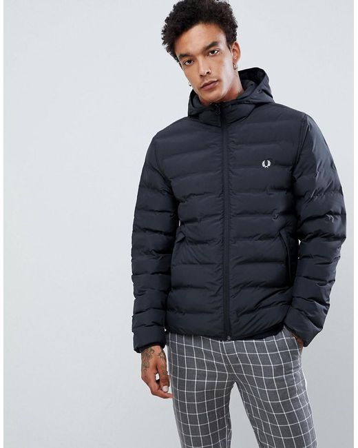 Fred Perry Synthetic Hooded Puffer Jacket In Black for Men | Lyst