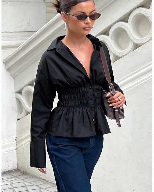 Princess Polly Blue As You Are Shirred Waist Button Up Shirt