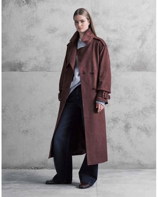 The Frolic Purple Exclusive Faux Suede Oversized Collar Detail Belted Trench Coat