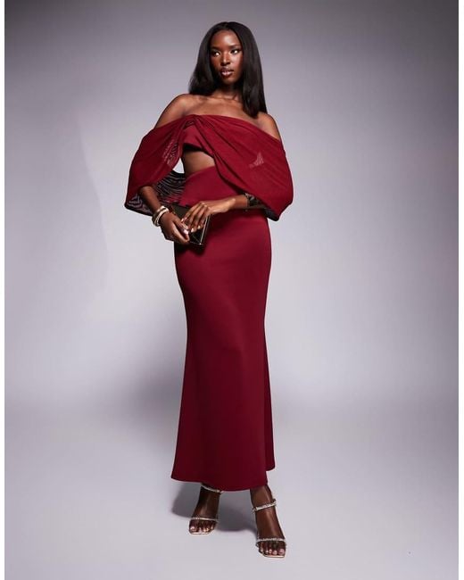 ASOS Red Scuba Bardot Midi Dress With Sheer Drape Sleeve Detail