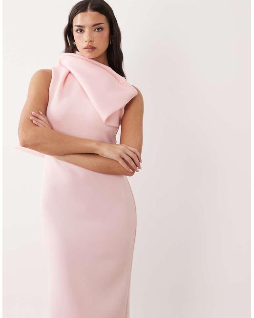 ASOS Pink High Neck Fallen Bow Detail Midi Dress
