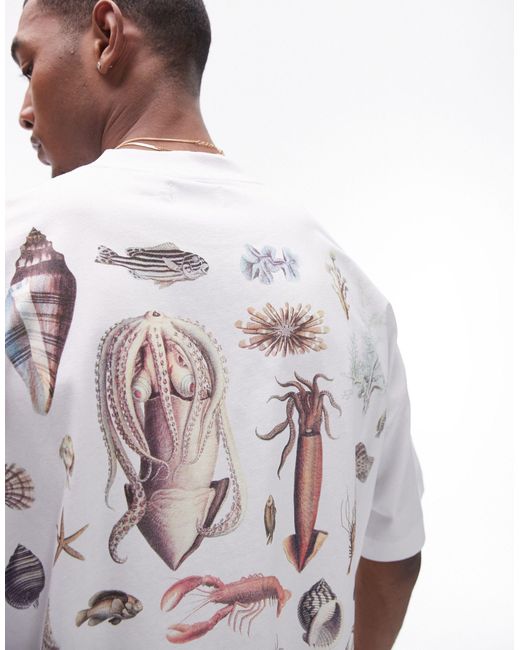 T-shirt ultra oversize avec imprimé faune marine sur le devant et au dos Topman pour homme en coloris White