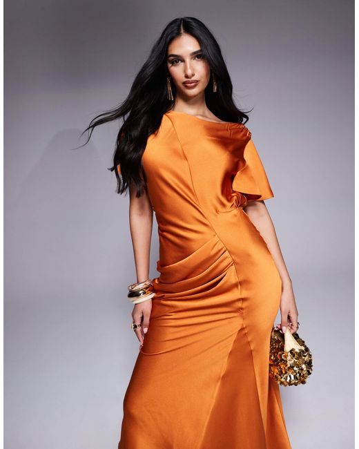 ASOS Orange Satin Flutter Sleeve Midaxi Dress