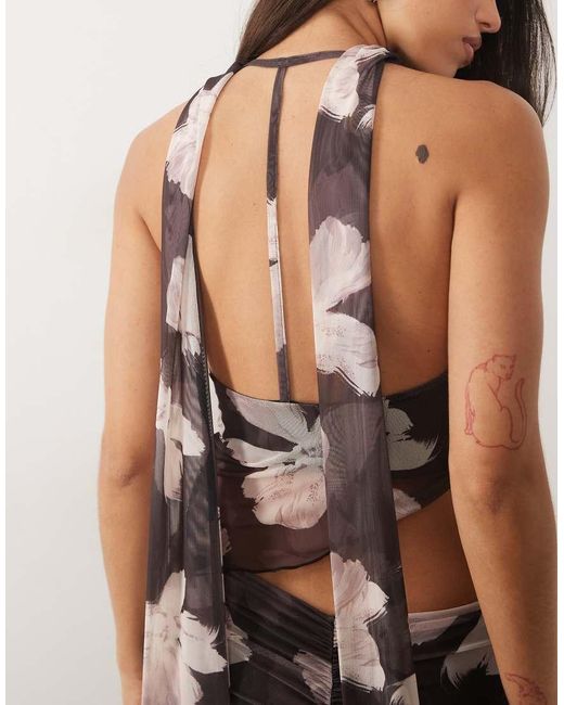ASOS Brown Co-ord Printed Mesh Cowl Drape Top