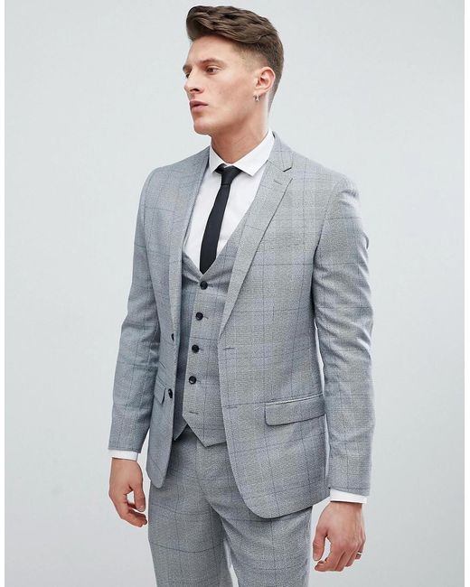 Veste De Costume Cintrée à Carreaux Gris