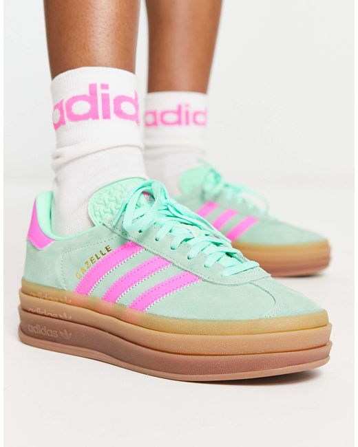 adidas gazelle silver green womens adidas Gazelle Bold Shoes - Women's - Aurora Coffee / Light Pink / Gold main image 0