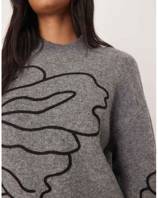 Jdy Gray Floral Stitch Detail Jumper
