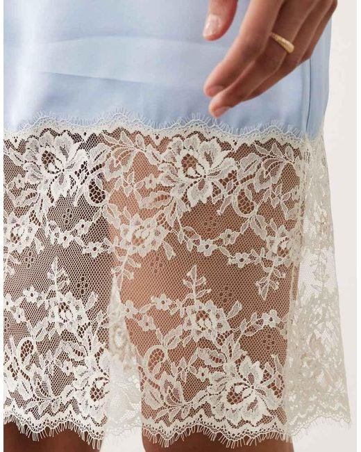 Mango Blue Satin Cami Mini Dress With Lace Trim