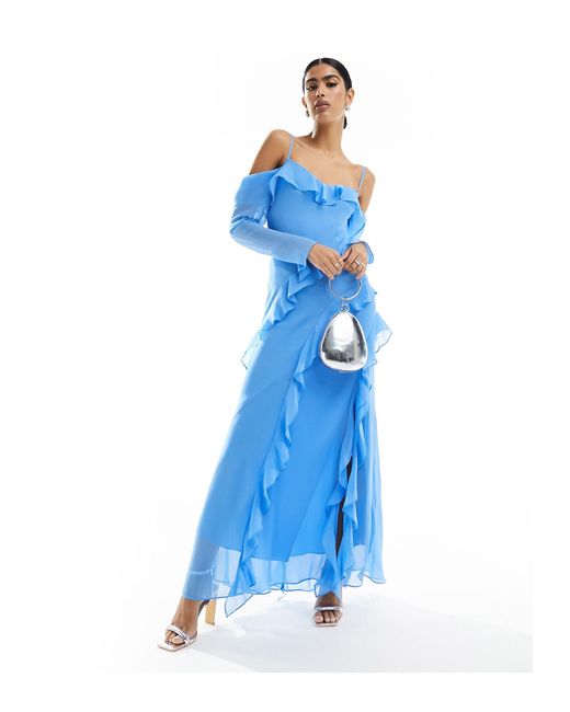 Forever New Blue Long Sleeve Sheer Ruffle Maxi Dress