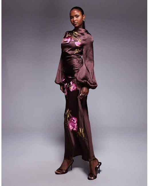 ASOS Purple Cowl Neck Floral Embroidered Bias Maxi Dress With Blouson Sleeve