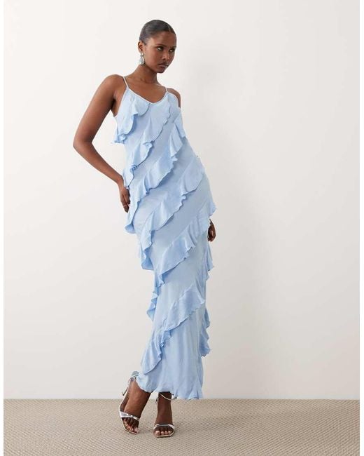 Vero Moda Blue Bias Cut Ruffle Cami Midaxi Dress