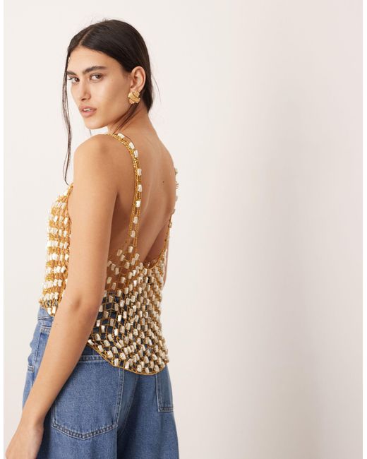 ASOS Natural Embellished Pearl And Chain Sleeveless Crop Top