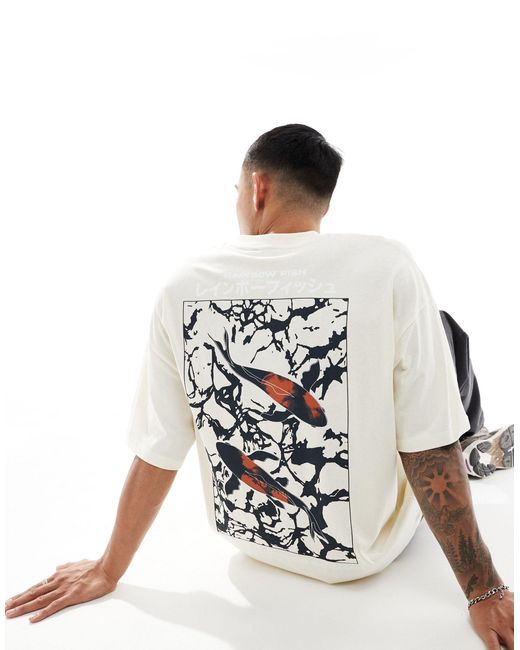 T-shirt oversize bianco sporco con stampa souvenir di pesci sul retro di ASOS in White da Uomo