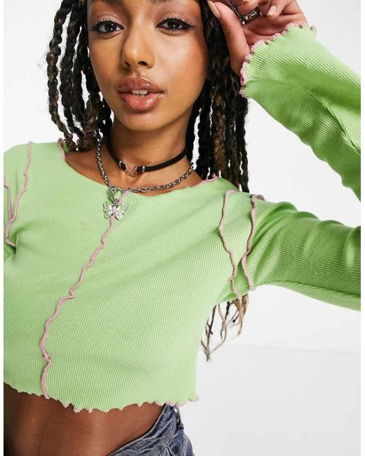 Daisy Street Green Long Sleeve Rib Crop Top With Contrast Overlocking