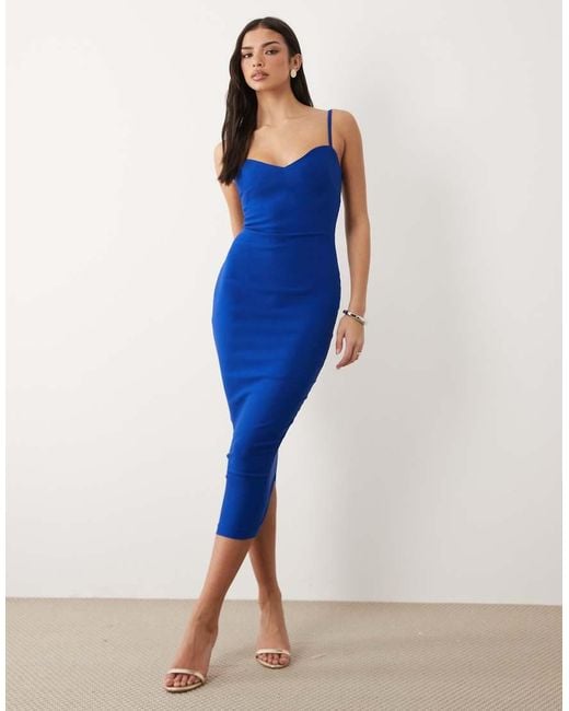 Vesper Blue Bengaline Sweetheart Neck Line Cami Strap Midaxi Dress