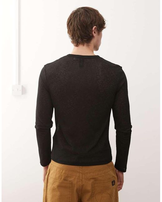 Collusion Black Long Sleeve Mesh Henley Button Down T-shirt for men