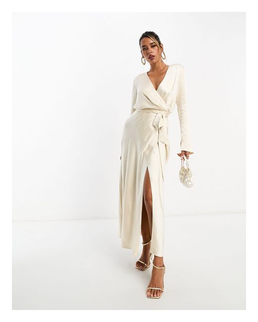 ASOS White Satin Long Sleeve Wrap Detail Midaxi Dress