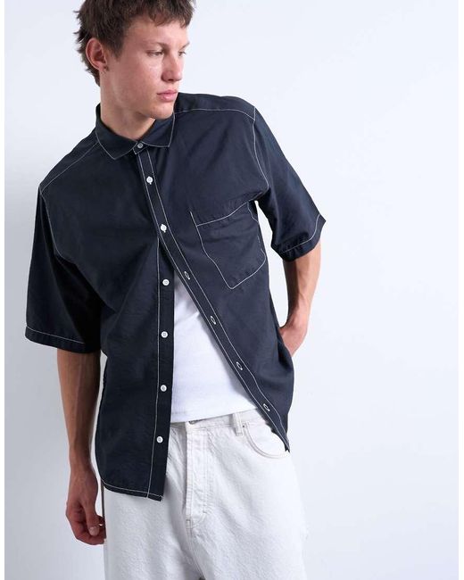 Topman Blue Relaxed Fit Shirt With Contrast Stitch Detail for men