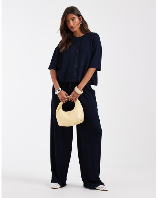 ASOS Blue Textured Knit Boxy Crop Button Down Top