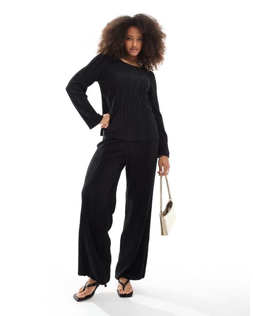 Pieces Black Plisse Long Sleeve Top Co-Ord
