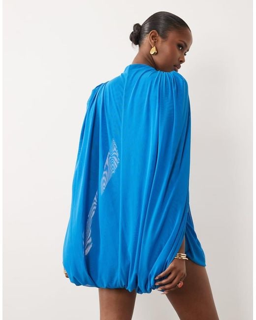 ASOS Blue Mesh Bubble Cape Detail Mini Dress