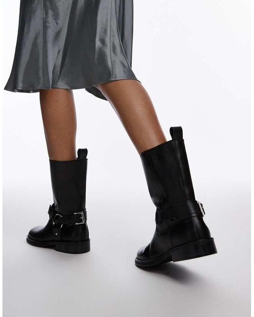 TOPSHOP Black Leam Premium Leather Biker Boots