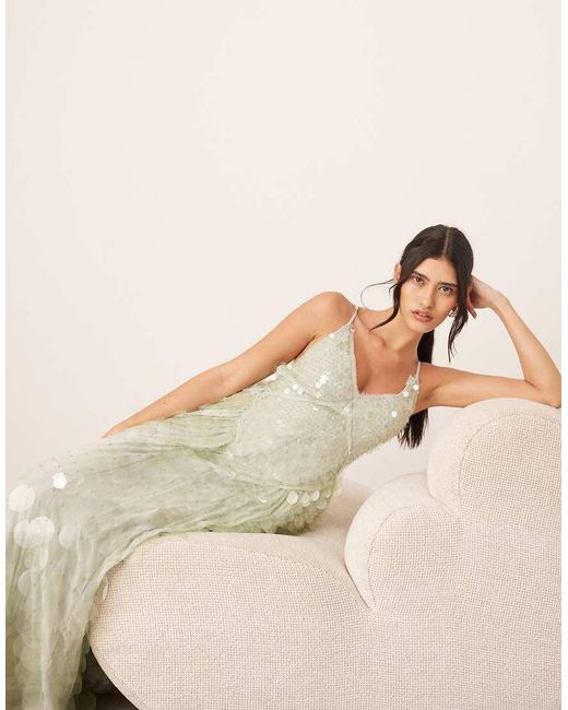 Vestito Midi Con Spalline Sottili E Gonna A Ruota Schiuma Marina Decorato Con Paillettes di ARRANGE in Natural
