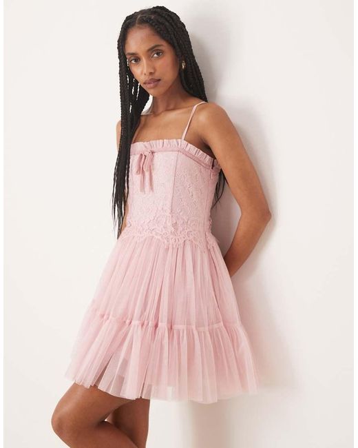 LACE & BEADS Pink Lace Corset Tulle Mini Dress