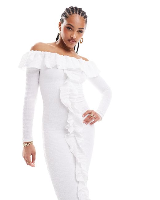 Pretty Lavish White Bardot Ruffle Midaxi Dress