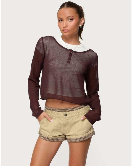 Edikted Brown Kilian Sheer Knit Henley Top