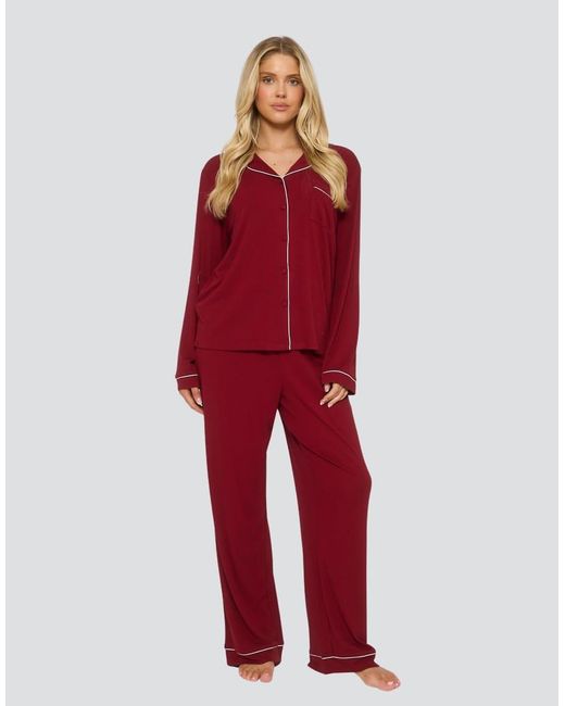 Loungeable Red Rib Long Sleeve Traditional Shirt And Long Pant