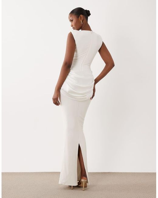 Wanderdoll White Eman Sleeveless Slash Neck Draped Waist Detail Bodycon Satin Maxi Dress