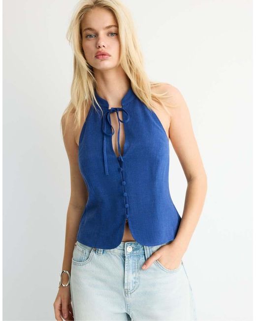 Stradivarius Blue Qipao Halter Neck Button Top