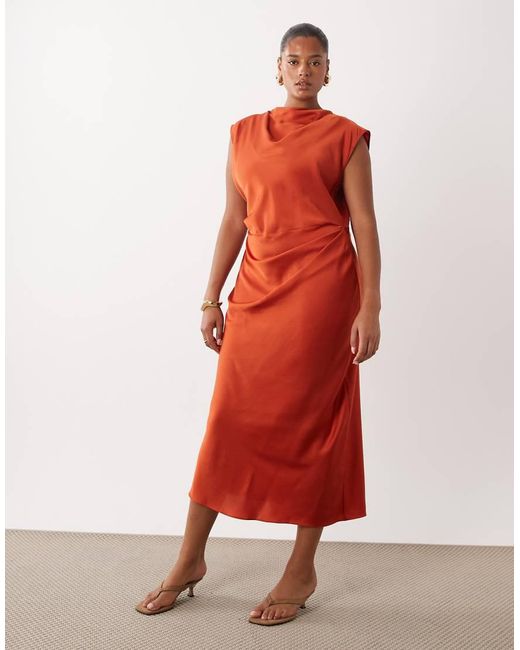 ASOS Red Asos Design Curve Satin High Neck Pleated Bodice Midi Dress