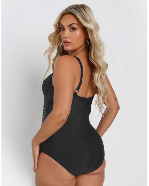 Yours Clothing Black Ruched Mesh Tummy Control Swimsuit