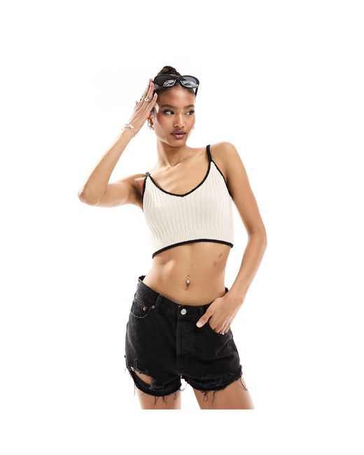 In The Style White Knitted Crop Top With Contrast Trim