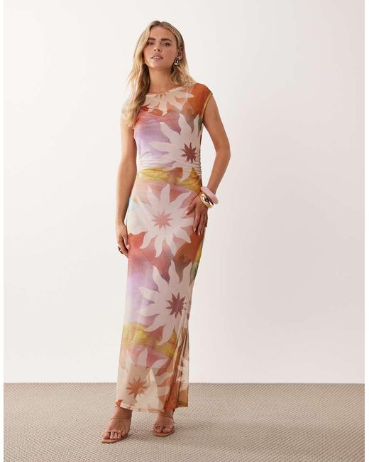 Never Fully Dressed Brown Petite Mesh Slash Neck Maxi Dress