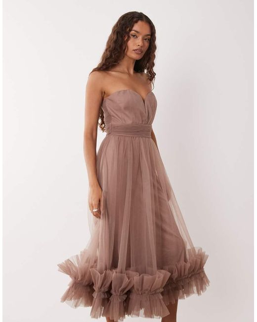 LACE & BEADS Brown Tulle Bandeau Midi Dress With Frill Hem