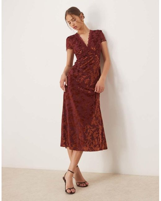 Maya Red Floral Velvet V Neck Midaxi Dress